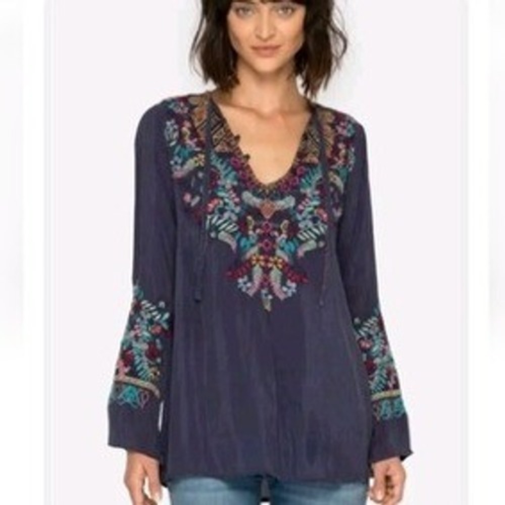 Johnny Was Long Sleeve Embroidered Boho Tunic Top Blue Medium